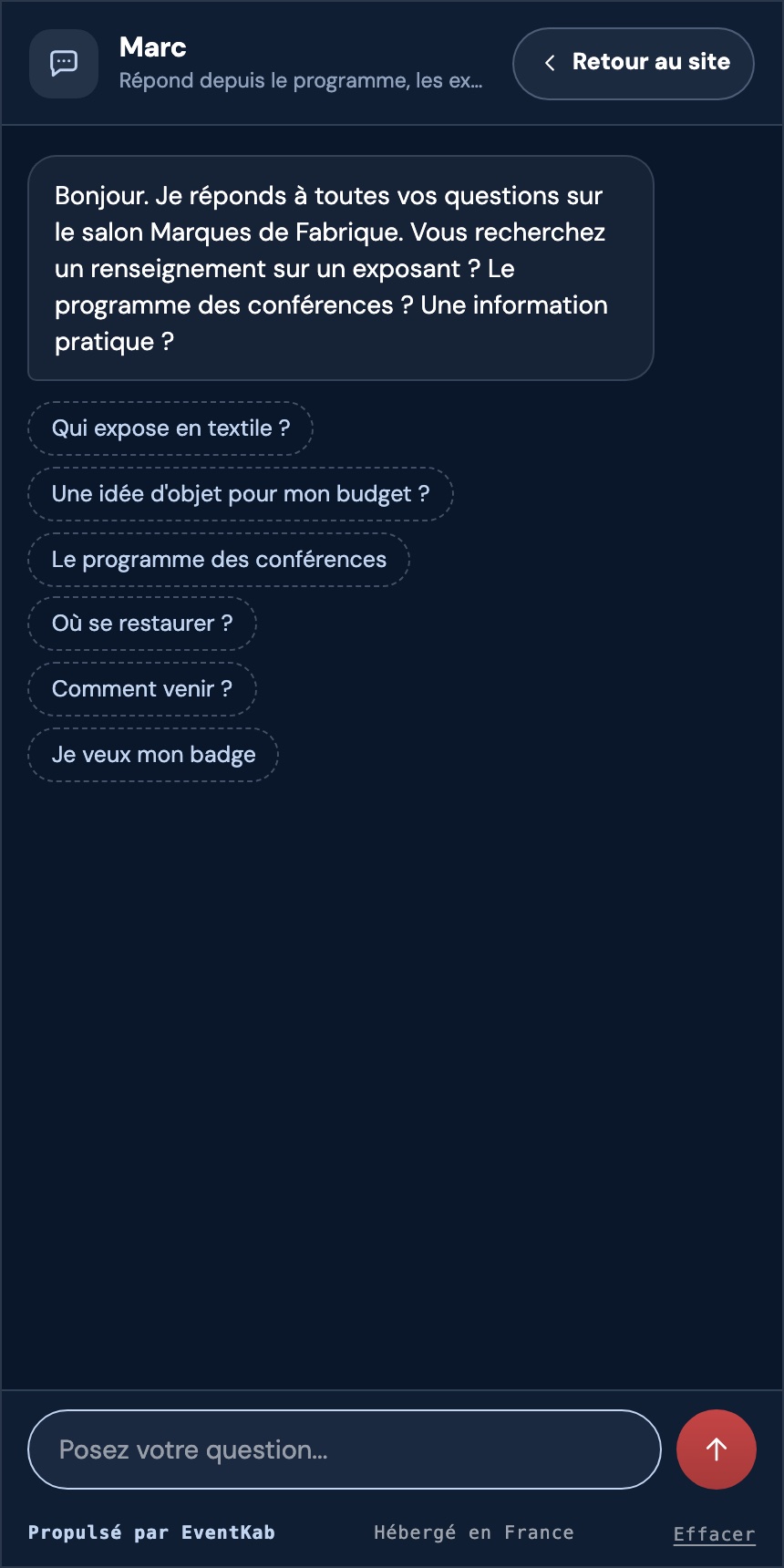 La page de Marc sur mobile : message d'accueil et questions suggérées