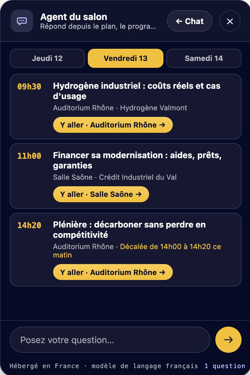 L'agenda du jour dans le chat, avec un bouton Y aller vers chaque salle