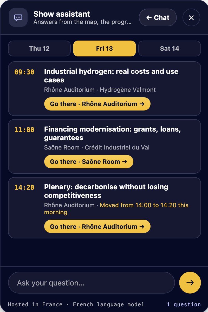 Today's agenda inside the chat, with a Go there button for each room