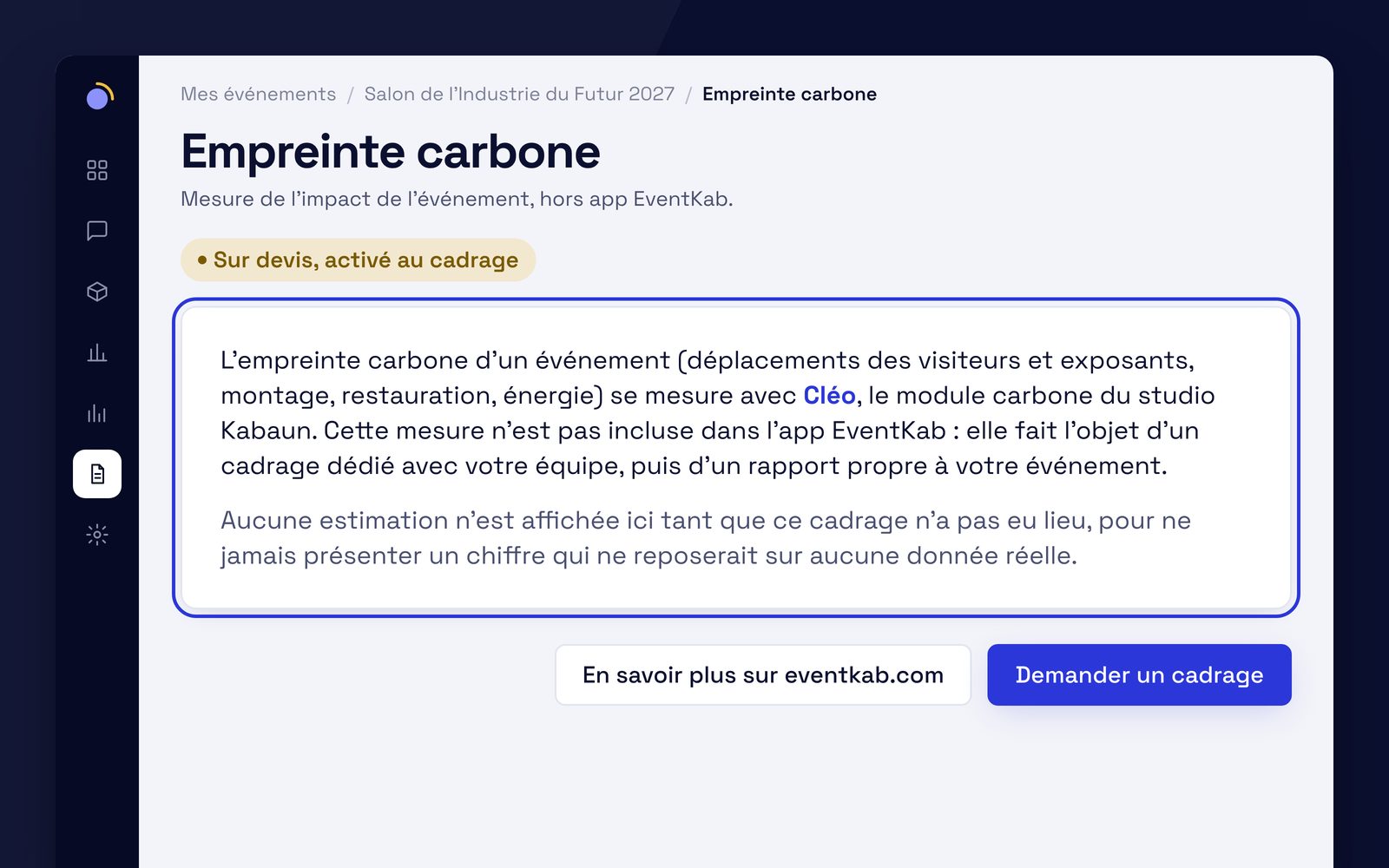 Capture de l'application EventKab : le module Empreinte carbone