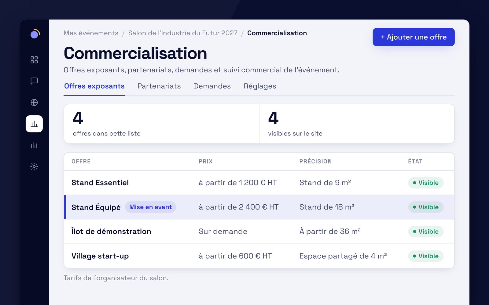 Capture de l'application EventKab : la liste des offres exposants d'un événement