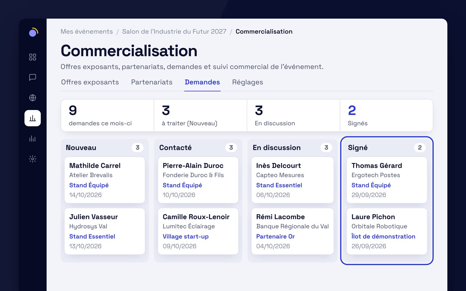 Capture de l'application EventKab : le pipeline des demandes d'exposants, classées par statut