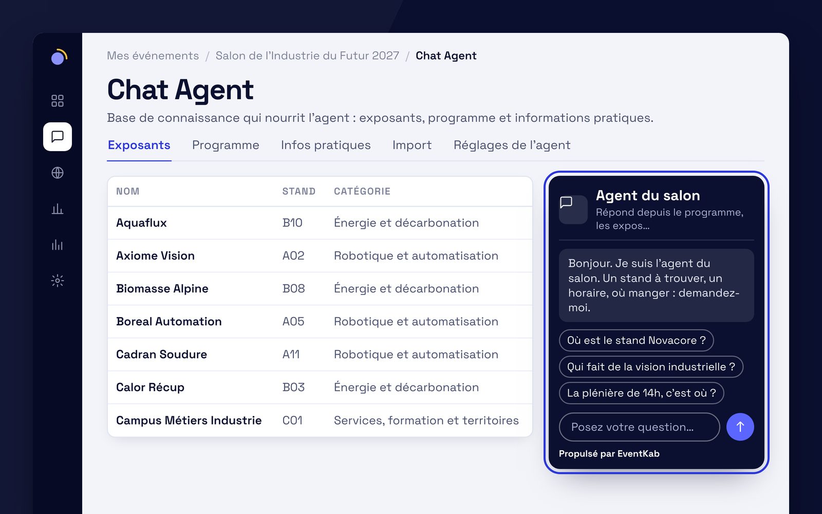 Capture de l'application EventKab : les contenus du Chat Agent, avec l'aperçu du chat
