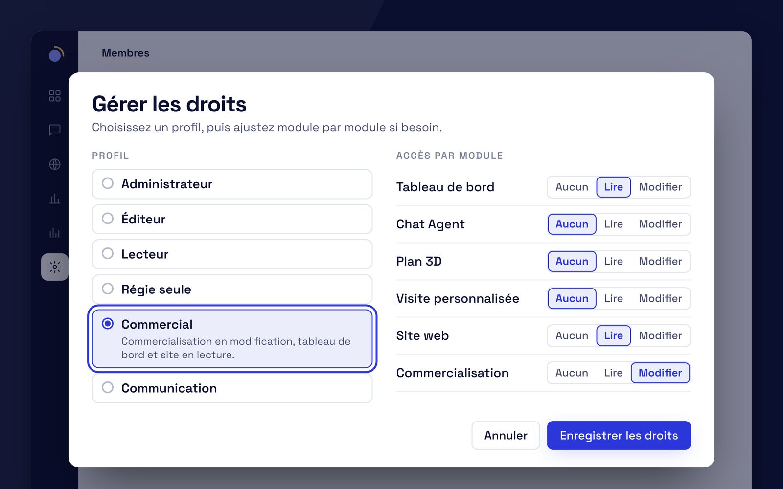 Capture de l'application EventKab : la liste des membres d'un workspace et la grille des droits par module