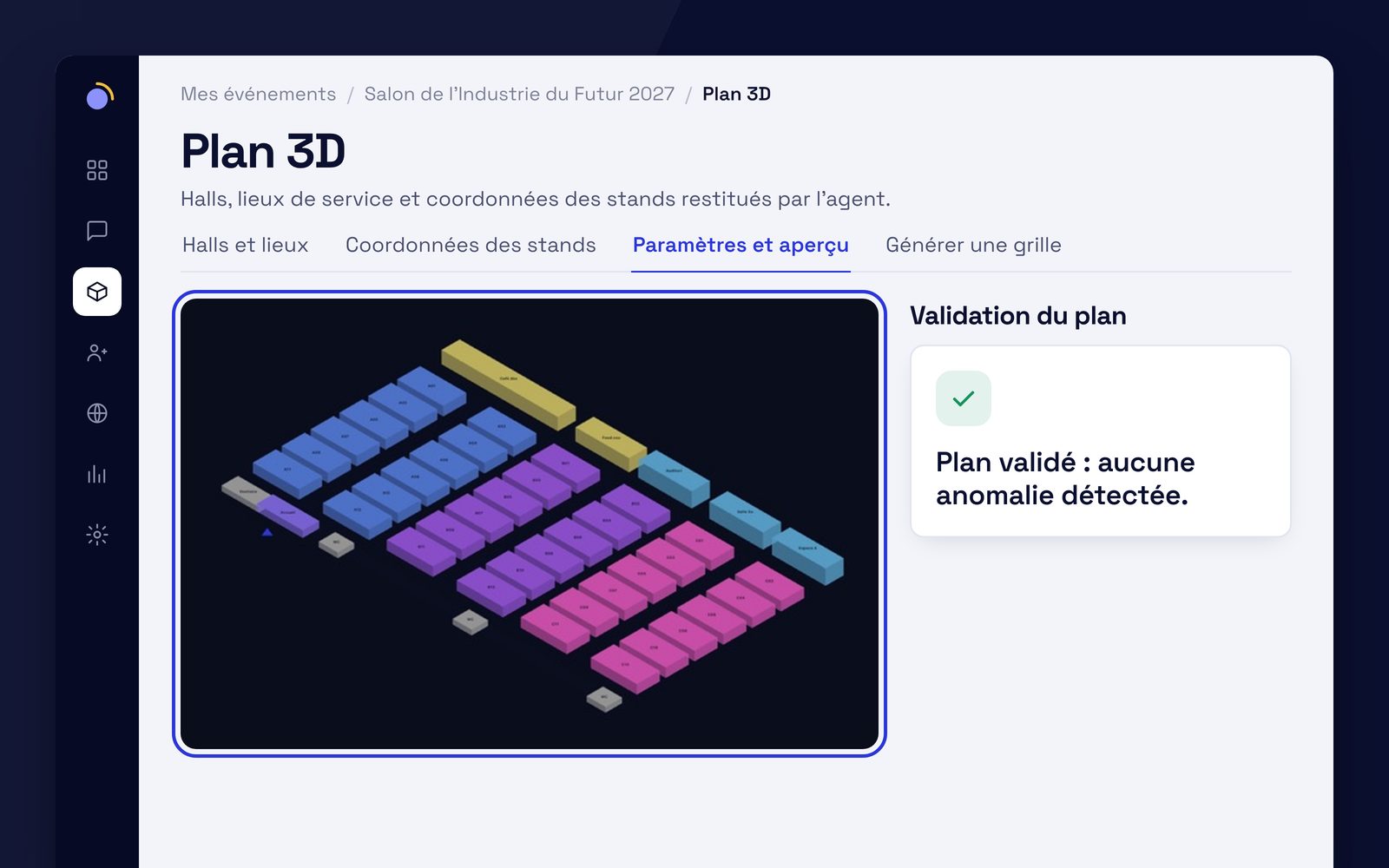 Capture de l'application EventKab : le module Plan 3D d'un événement