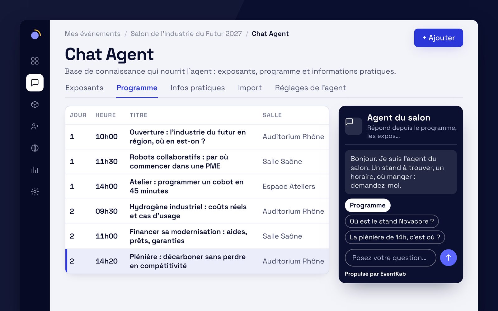 Capture de l'application EventKab : la saisie du programme d'un événement, par jour, heure et salle