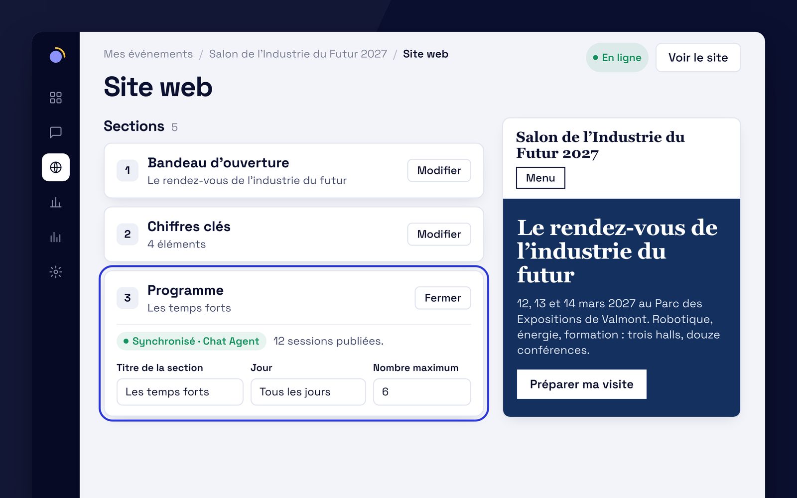 Capture de l'application EventKab : l'éditeur d'une page du site, avec ses sections et une section liée au Chat Agent