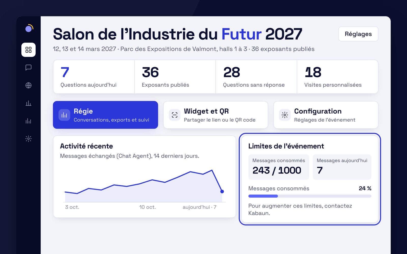Capture de l'application EventKab : le tableau de bord de l'événement