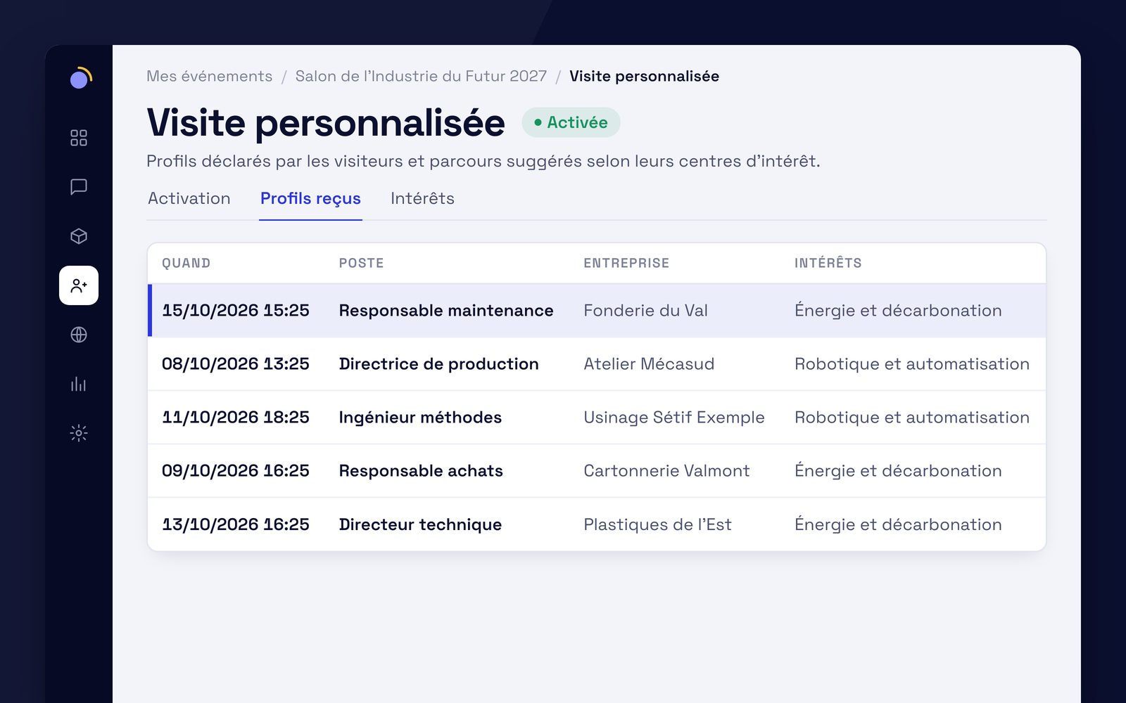 Capture de l'application EventKab : le module Visite personnalisée