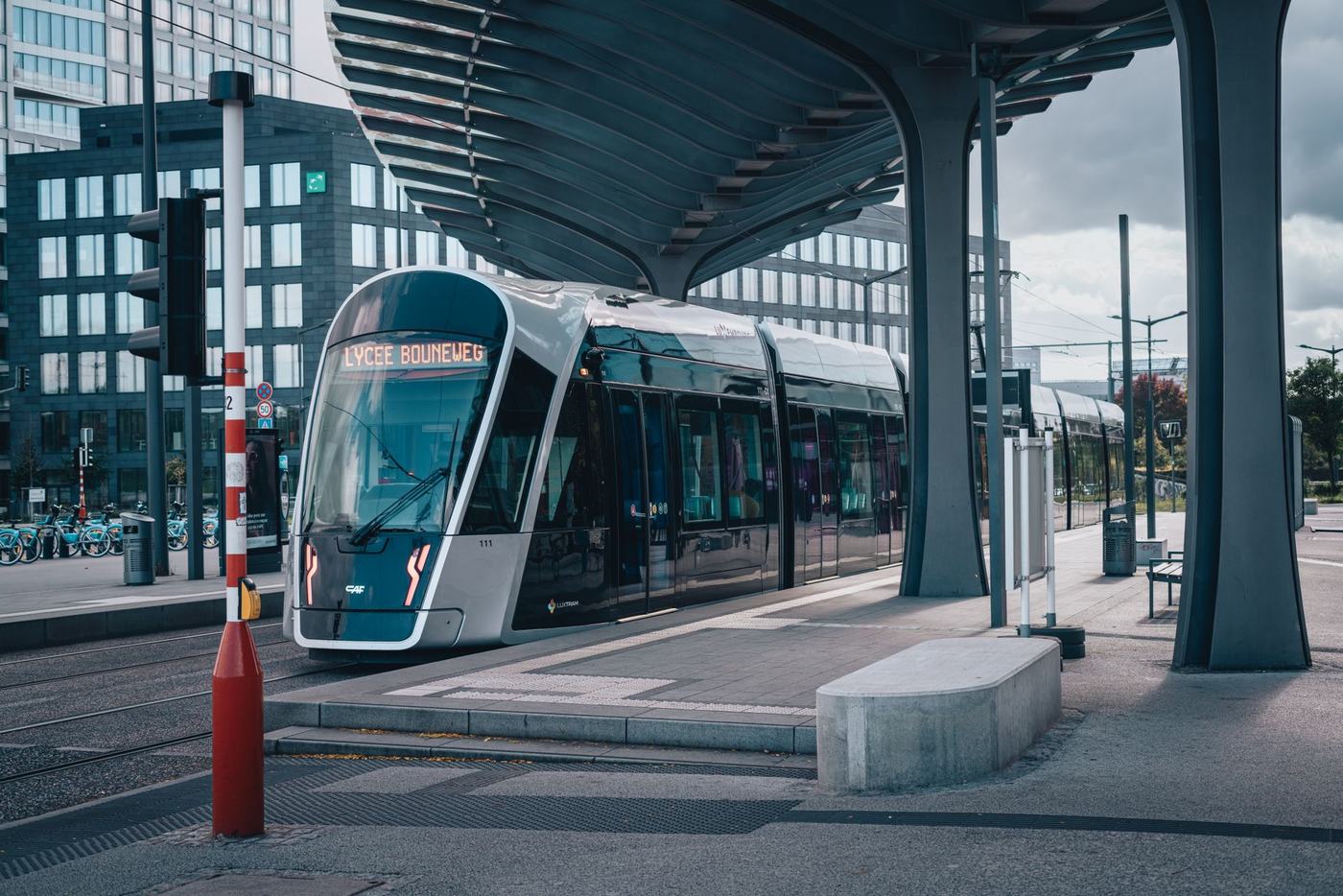 A sleek tram in Luxembourg City station showcasing urban public transportation.